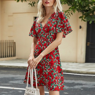 biggest Women Dress Red Flower Print Slim Summer V Neck Short Sleeve Dress for Working
