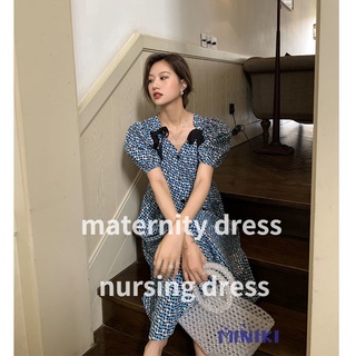 Cotton maternity dress /nursing dress plus size Short Sleeve Fashion v neck puff sleeve Floral pregnant Women Dress