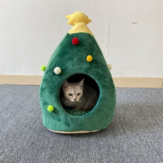 O2t2 Cute Christmas Tree Shape Cat Dog House Soft Cozy Foldable Winter Warm Kitty Cave Animals Puppy