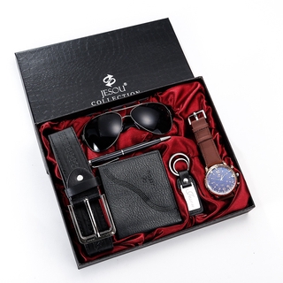 [New available] 6pcs / set New Men Glasses Belt Wallet Keychain Watch Pen Men Leather Wallet gift Set Men Leather Wallet Genuine Leather Belt