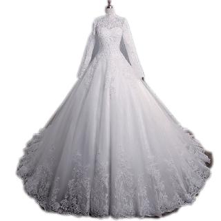 Luxurious Muslim Wedding Dress Stand Collar Long Sleeve Lace Long Tail Wedding Gown Bridal Dress