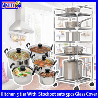 Kitchen Pot Rack Multi-functional Kitchen 5 tier With Stainless Steel Cookware Stockpot sets 5pcs