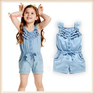 【now】YESBABE Girl Rompers Denim Blue Cotton Washed Jeans Sleeveless Bow Jumpsuit 0-5 Years Old Zh5g