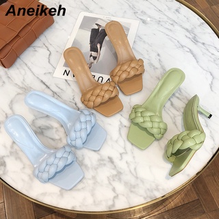 Aneikeh Size 35-42 New Design Weave Women Slipper Thin High Heel Sandal Open Toe Slip On Summer