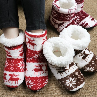 Christmas Coral Fleece Floor Socks/Dispensed Rubber Bottom Non-slip Middle Tube Socks/ Xmas Fawn Pattern Fur Ball Boots /Women Winter Warm and Thick Indoor Boots