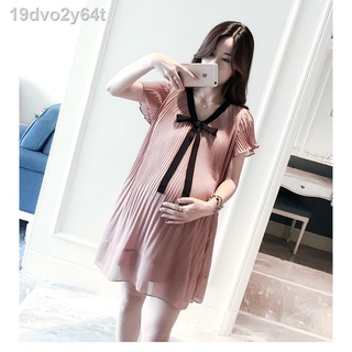 ♨▬plus size Maternity dress Pink pleated dress Korean loose V-neck short sleeve Pregnant Women midi