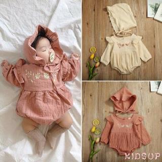 ✿KIDSUP✿Baby Girls Cotton&Linen Clothes Ruffle Romper Jumpsuit+Hat Outfits Set