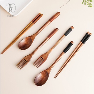 Long Handle Dinnerware Set Wooden Fork Spoon Knife Cutlery Set Tableware