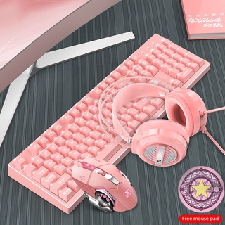 Luminous pink girl's mind really feel mechanical keyboard and mouse set girls cute red wired network
