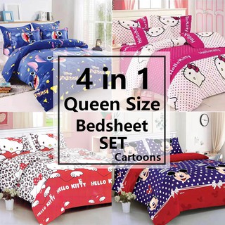 Yubest Cartoon Queen Size 4 in 1 Cotton Bedsheet set Premium (Bedsheet+Flat sheet+Pillowcase)