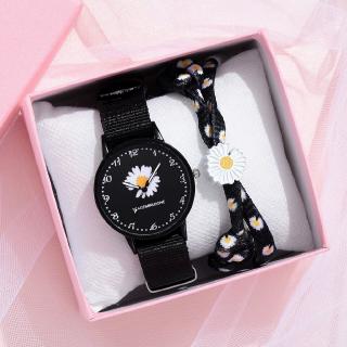 【Ready Stock】COD Korean student GD same paragraph Small Daisy watch Floral Motif Canvas For Women couple bracelet Watch Set
