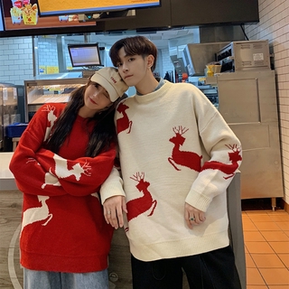 【M-2XL】Unisex Christmas Print Deer Sweater Mens Fashion Casual Knitted Sweaters Couples Loose Pullover Long Sleeve Tops