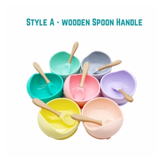 Babies Feeding Bowl and Wood Handle Spoon Baby Suction Bowl Food Grade Silicone High Temperature Dis