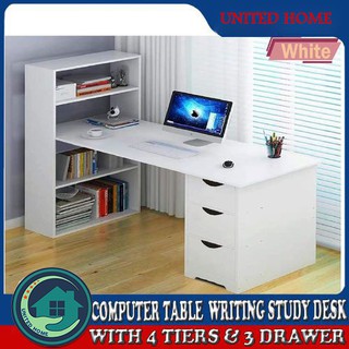 UNITED HOME Computer Table Writing Study Desk with 4 Tier Bookshelves & 3 Drawers for Home & Office