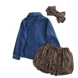 Summer Baby Girls Denim Shirts+Leopard Culotte Skirt+Cute Headband Clothing Set (5)