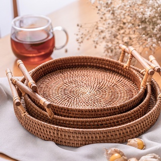 Round Rattan Serving Tray for Artisan Bread Serving Tray with Wooden Handle