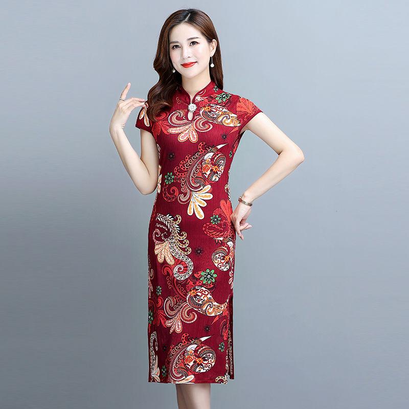 Women Short Sleeve Midi Dress Bodycon Chinese Style Cheongsam Dresses