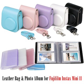 PU Leather Camera Case Bag for Fujifilm Instax Mini 11 Instant Film Camera, Strap Including, 64PCS Album