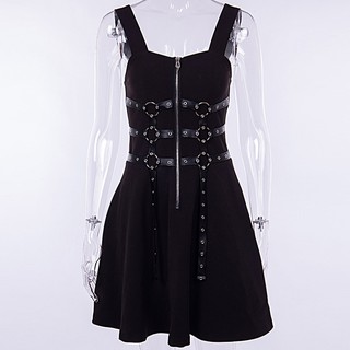 kooobes♬Women Black Zipper Pleated Strap Dress Gothic Street Punk Wind Cosplay Dress (8)