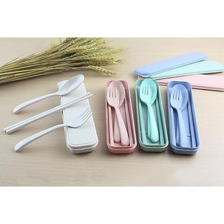 Chopstick Fork Spoon Wheat Cutlery Set 3in1 Protable