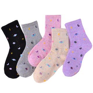 (100% COTTON) 1Pair Moon Stars Socks Planet Point Yarn Funny Socks Japanese Creative Women Warm Cute Novelty Sock (1)
