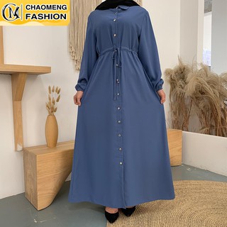 Eid Mubarak Arab Fashion Robe Solid Color Front Open Button Maxi Waist Tie Elbise Muslim For Women