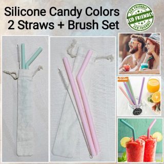 Silicone Candy Colors 2 Straws + Brush & Pouch Set.