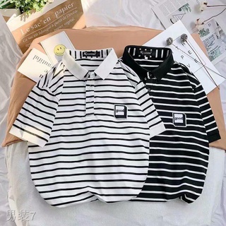 ✓☁Hong Kong style summer wild striped Polo shirt men s trend short-sleeved T-shirt loose tide brand