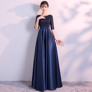 Long chorus banquet evening dress 2020 new autumn elegant and dignified navy blue dress dress graduation