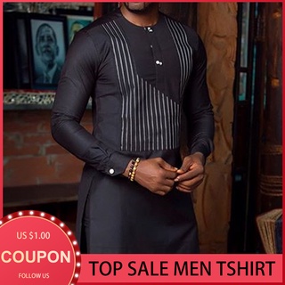 Men's Long-Sleeve Shirt Printed Stripes African Traditional Dashiki Fashion Tops Men Muslim Clothes