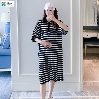 Short Sleeve Maternity Dress Stripe Lapel polo Dress