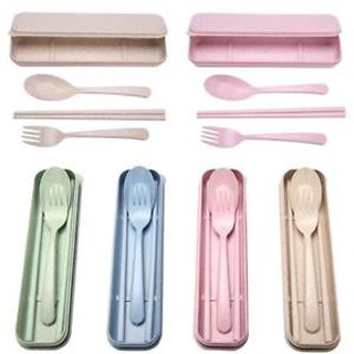 3pcs Portable Spoon Fork Chopsticks Reusable Wheat Straw Travel Tableware Set