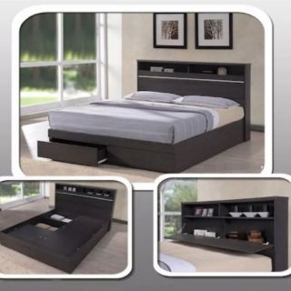 Bed frame with storage Headboard shelves Bed with compartments Bedframe space saver