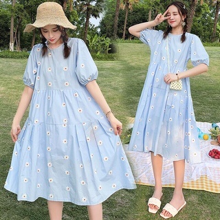 Plus Size Maternity Summer Dress Short Sleeve O-Neck Fashion Floral Embroidery A-Line Dress Sweet Pr