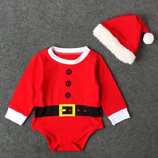 COD Ready Stock Xmas Christmas Baby Clothes Newborn Baby Boys Girls Santa Claus Rompers Hat 2Pcs Set