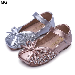 MG1-12Yrs Girls Bow-knot Princess Shoes Pearl Bling Dance Party Shoes Fashion Kids Soft Rubber Singl