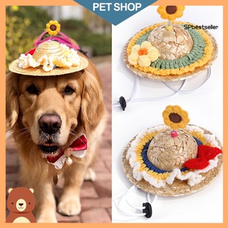SPB Pet Hat Sunflower Pattern Decor Knitted Straw Adorable Wide Brim Hat for Photography