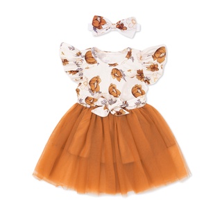 Fommy KANGKANG Baby Girl Clothes Ruffle Floral Short-Sleeves Brown Dress Headband 2 Pcs Set Baby Girl Clothes 18-24 Months