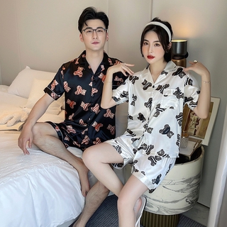 (COD)Ready stock Sleepwear for women and men Short Sleeve cardigan Summer Simulated Silk stain pajama couple pajamas (4)