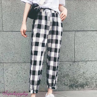 Korean StyleWomen Men Unisex Causal Plaid Long Pant Casual Loose Trousers
