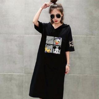 【40-150kg/10Patterns】Korean Style Women Plus Size Midi T-shirt Dress Oversized V-Neck Half Short Sle