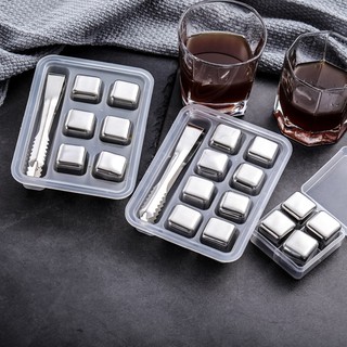 Kittmist Collection 6Pcs Stainless Steel Chilling Ice Cube Whiskey Stones for Drinks with Ice Tongs