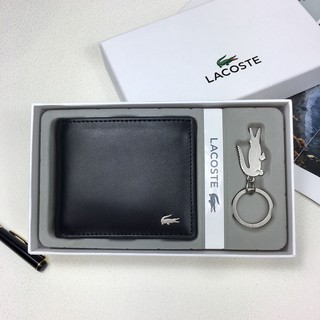 Genuine Lacoste men's fashion wallet, discount wallet + key chain, cowhide wallet, short wallet, coin purse, card holder, gift box