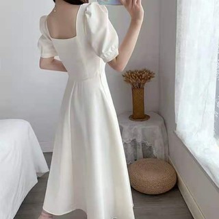 【Taoclothing】R&O Long dress women retro square neck temperament wedding dress white dress Korean little black dress (2)