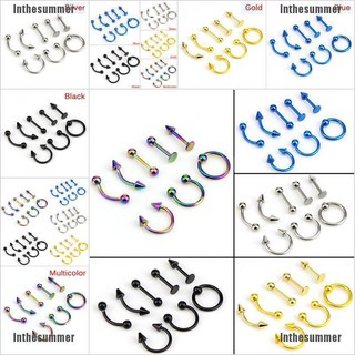 Inthesummer✿ Mixed 8Pcs 16G Stainless Steel Helix Piercing Jewelry Ear Eyebrow Nose Lip Rings
