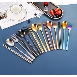 3pcs Stainless Steel Cutlery Korean Chopsticks Fork Spoon Set Gold Dinnerware Homeliving