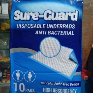 DISPOSABLE UNDERPADS SURE-GUARD ANTI BACTERIAL 60 X 90 MM 10 PADS IN 1 PACK HIGH ABSORBENCY