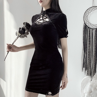 92514p retro dark sexy modified cheongsam dress Female Gothic Lace Up suede high waist Slim small black skirt (2)