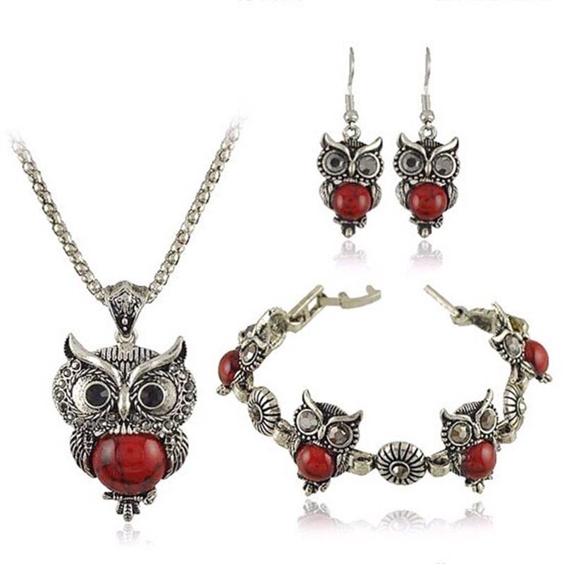 Vintage Charm Silver Plated Owl Pendant Necklace Earrings Bracelet Jewelry Sets Party Gifts