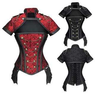 Corset Steampunk Gothic Cut Out Bustier Vintage Black Red Floral Top For Women Short Sleeve Costume